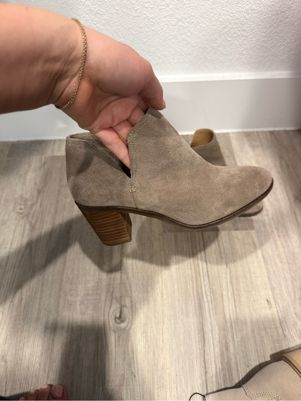 Lucky Brand Taupe Suede Ankle Booties with Stacked Heel
